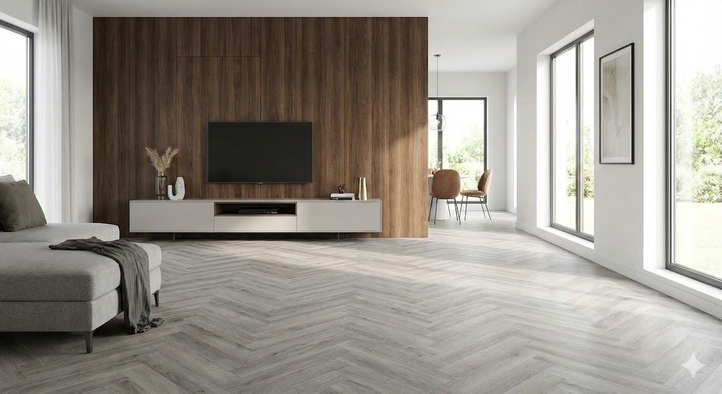 Modern living room with light grey oak herringbone laminate flooring and dark walnut wood-effect wall panels