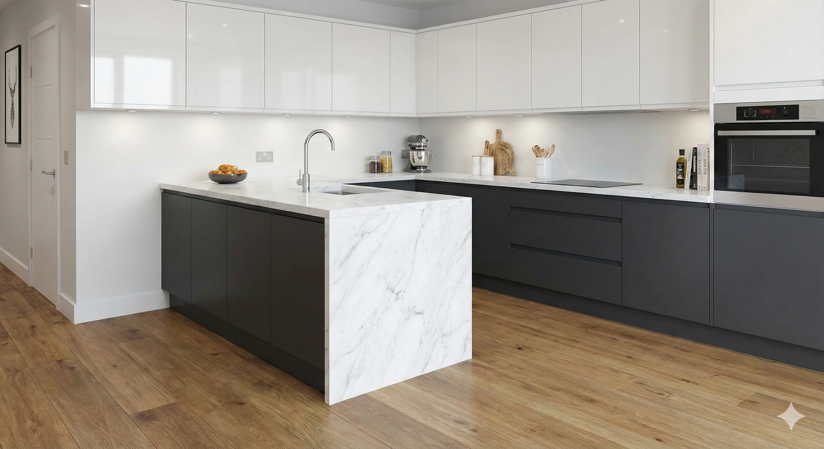 Contemporary kitchen featuring waterproof matte wood laminate flooring and white marble effect laminate island