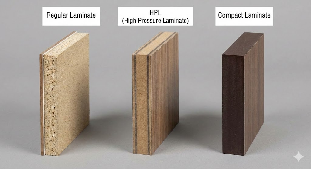 Side-by-side cross-section view comparing the thickness and construction of Regular Laminate on a substrate, HPL on a substrate, and solid core Compact Laminate.