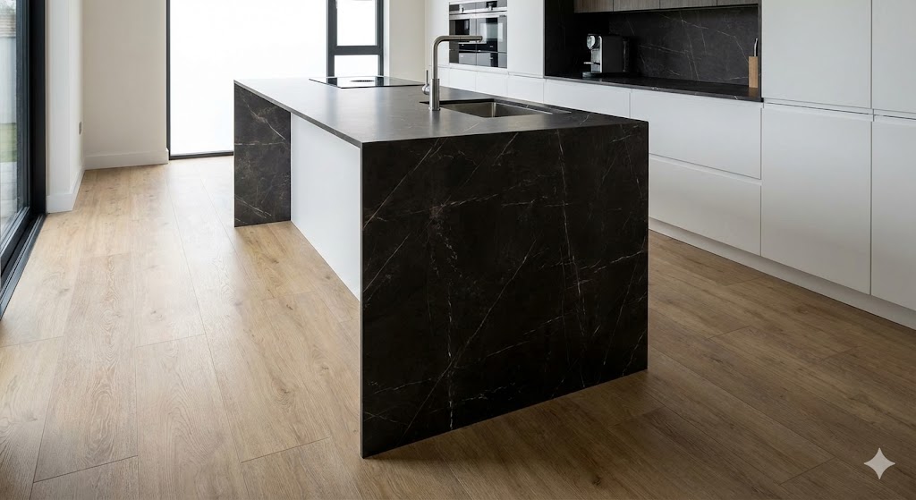 Modern luxury kitchen featuring a durable dark marble effect compact laminate worktop on the island and water-resistant wood-look laminate flooring throughout.