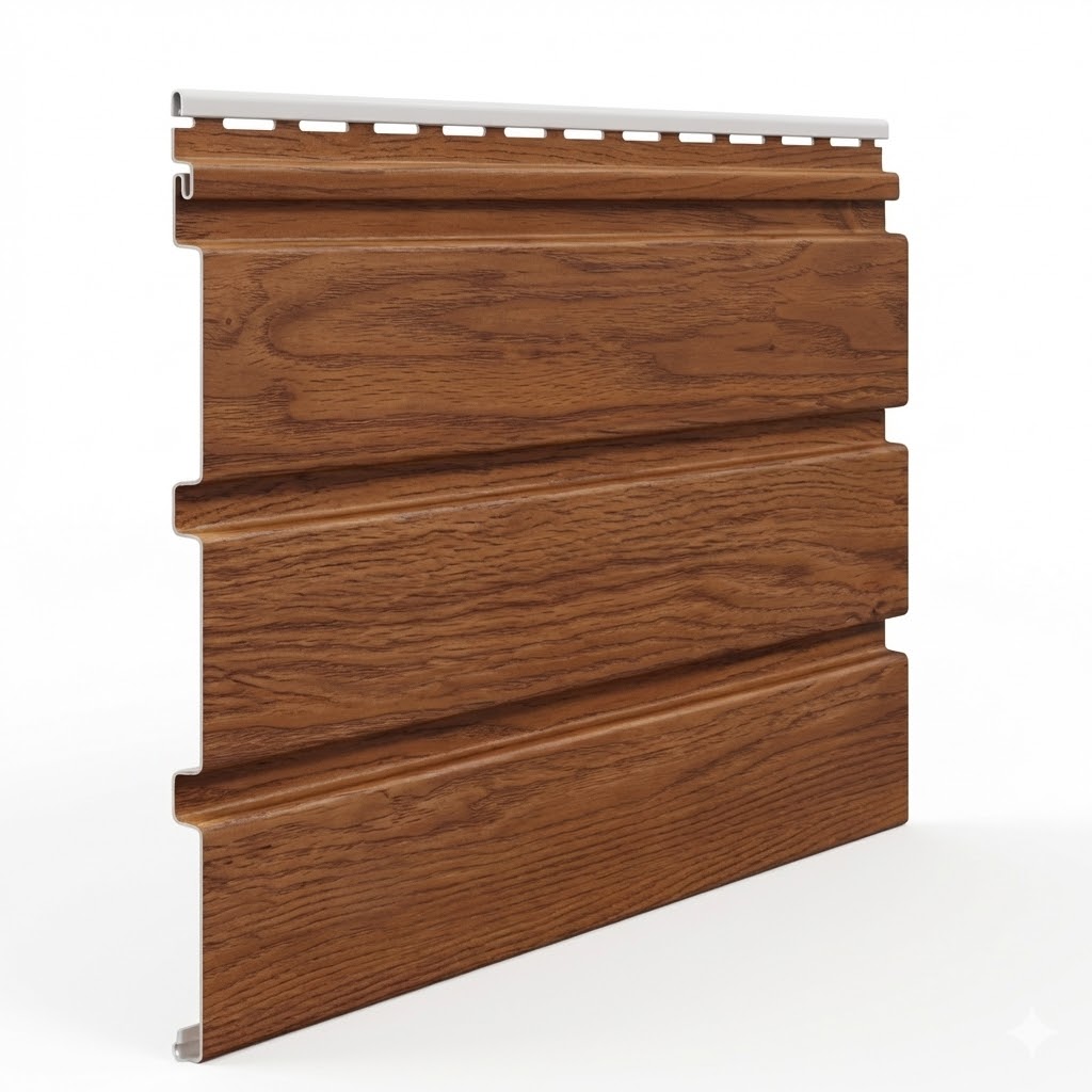 Brown wood grain vinyl siding panel with interlocking profile for exterior wall cladding