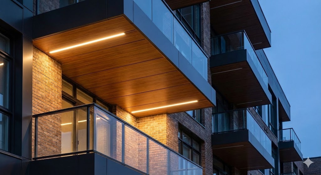 Modern exterior balcony featuring wood-finish soffit panels from top supplier in India