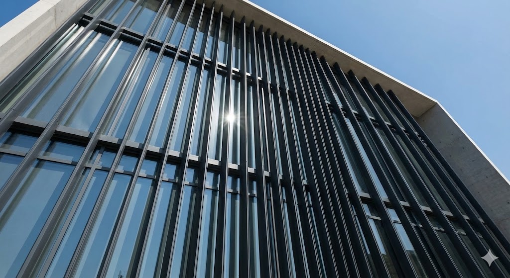 Modern facade louvers design on a commercial building featuring vertical architectural louvers for sun control and aesthetics.