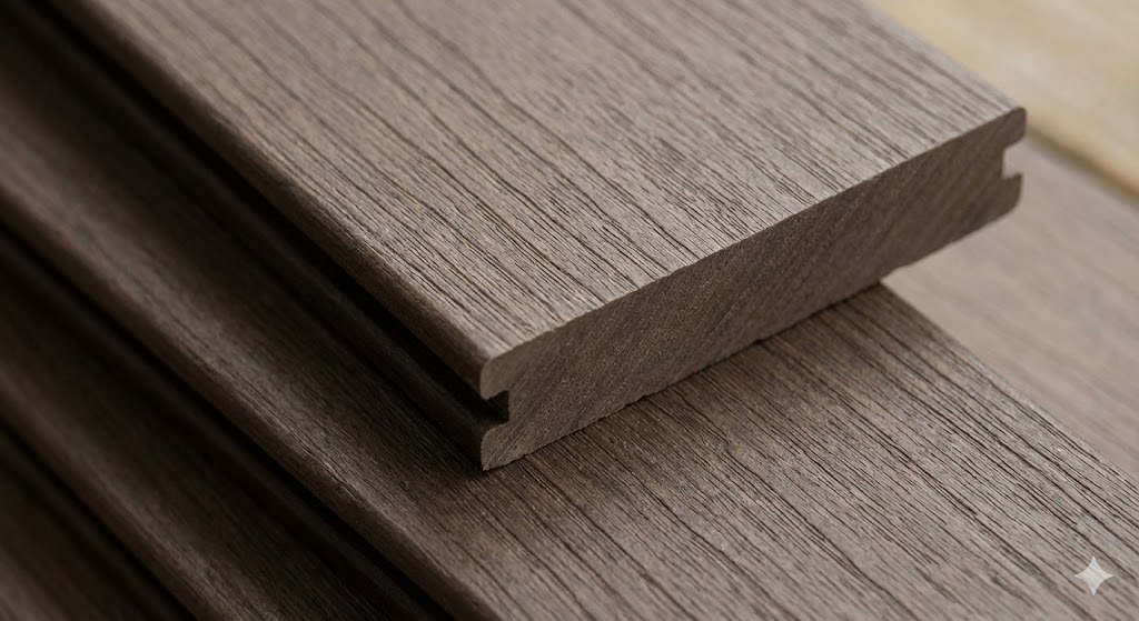 Close-up of durable WPC louvers exterior cladding showing wood-grain texture and weather-resistant material quality.