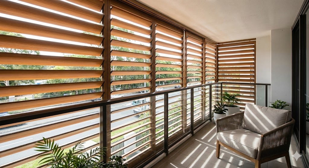 Residential louvers application on a balcony providing privacy and natural ventilation without blocking daylight.