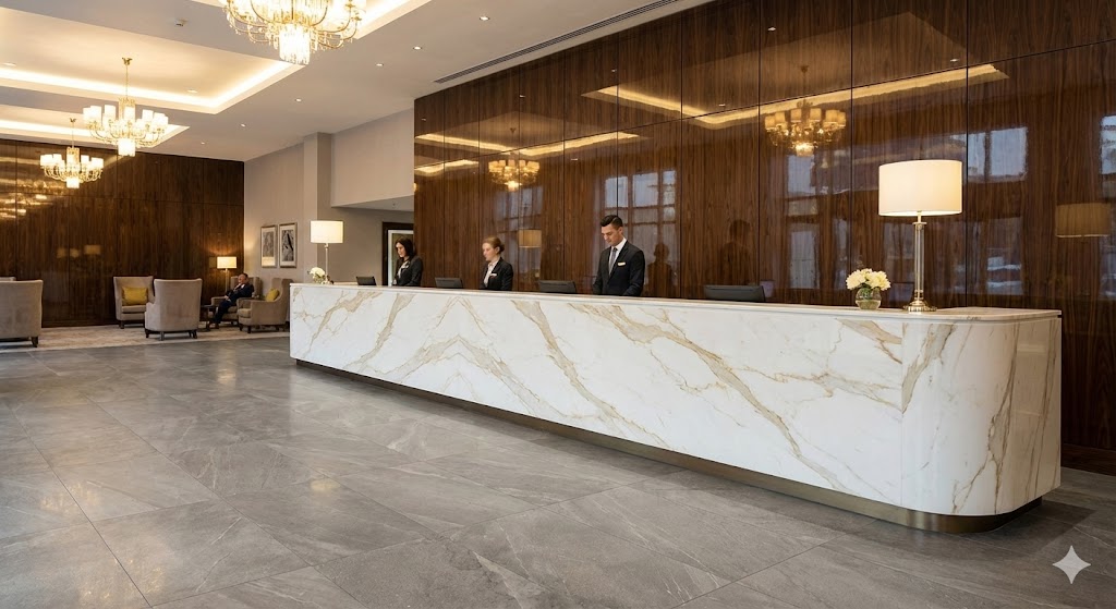 Luxury hotel lobby reception desk showcasing elegant white marble effect laminate and dark high gloss laminate wall panels.