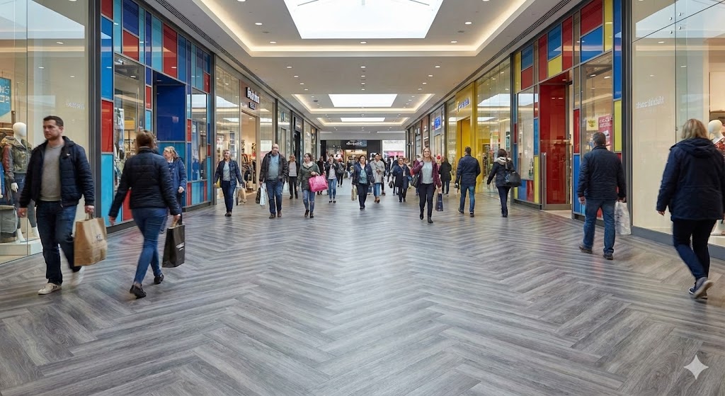 Busy shopping mall corridor featuring resilient grey herringbone laminate flooring designed for high foot traffic areas.