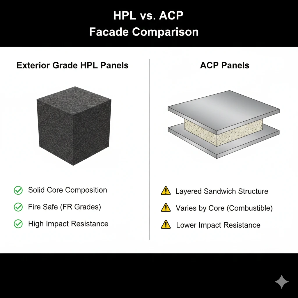 Comparison infographic showing the structural differences and performance benefits of Exterior Grade HPL panels versus ACP panels for building facades.