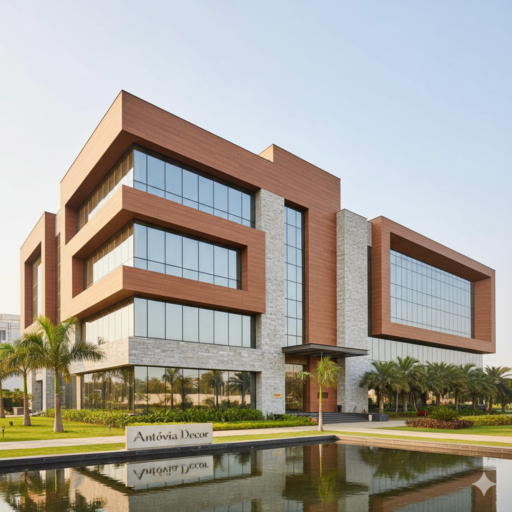 Modern commercial building featuring weather-resistant exterior grade HPL panel cladding in a premium woodgrain finish.